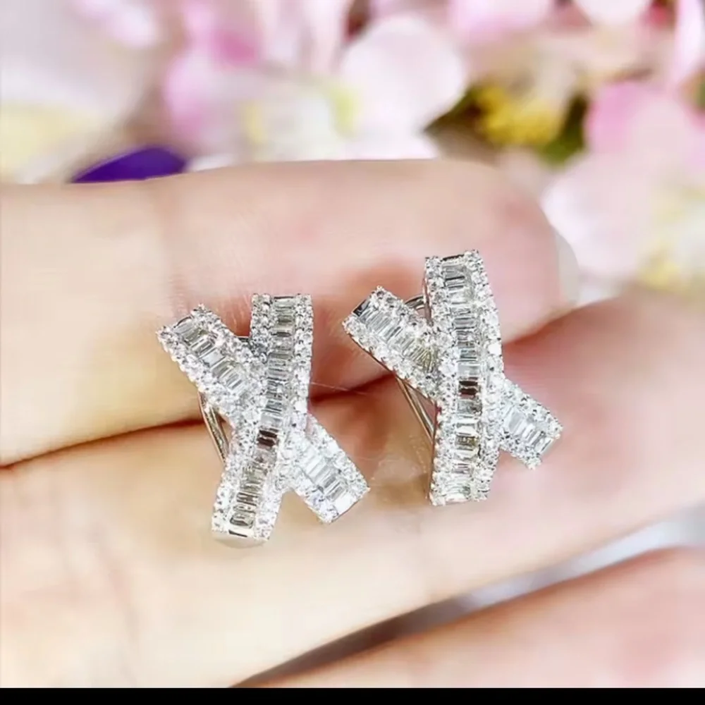 Neiman Marcus 18k White Gold Plated CZ Bagette Crossover Earrings - Picture 2 of 4